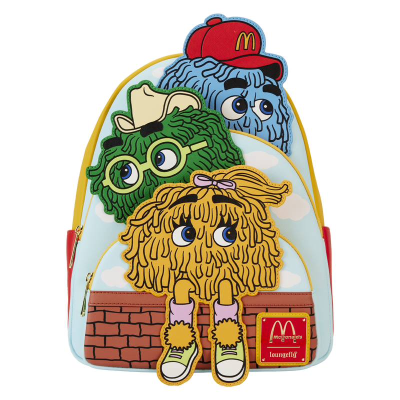 Loungefly McDonald's Vintage Fry Kids Triple Pocket Mini Backpack against a white background, featuring a yellow Fry Girl on the front pocket, a green Fry Guy on the middle pocket, and a blue Fry Guy on the top pocket. 